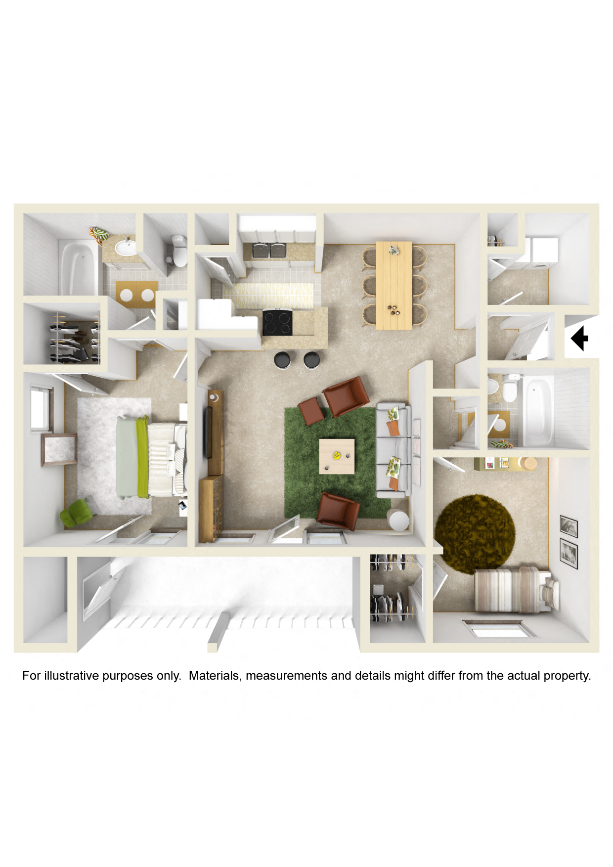 Floor plan for 2 beds, 2 baths, 958 sqft